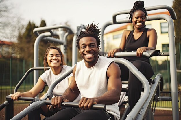 Photo jeunes milléniaux amis africains en salle de sport en plein air gens noirs heureux