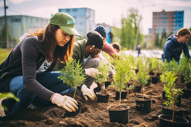 Jeunes multiethniques plantant des arbres dans un environnement urbain Concept de durabilité