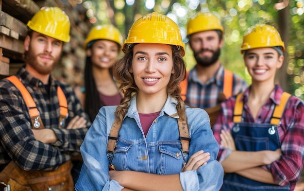 De jeunes ouvriers de la construction souriants se tiennent devant les bras croisés DEI thème stratégie de travail en équipe