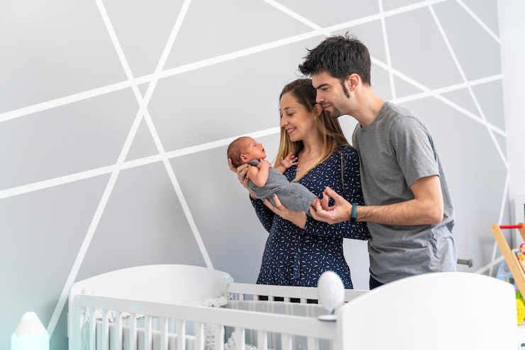 Photo jeunes parents avec leur bébé dans les bras près du berceau dans la chambre