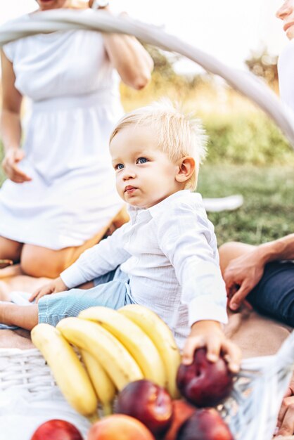 Jeunes parents avec petit bébé sur pique-nique en plein air