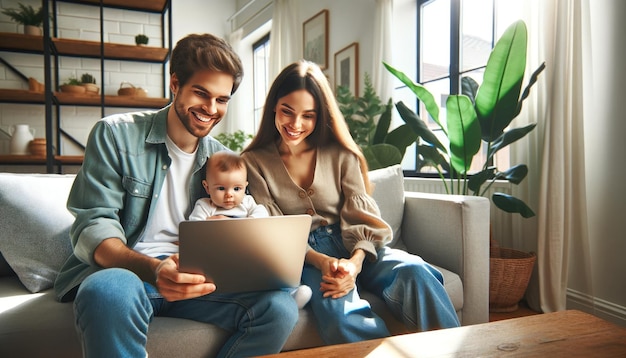 Des jeunes parents souriants avec leur bébé profitant du temps en famille tout en utilisant un ordinateur portable dans un environnement domestique confortable