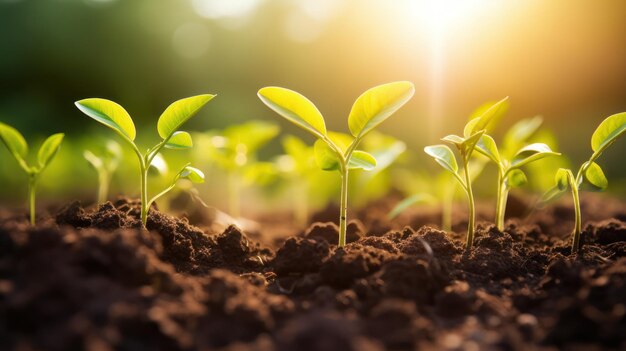 Jeunes plantes plantées sur un sol fertile à la lumière du soleil