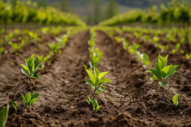 Jeunes plantes poussant dans un sol agricole fertile avec un arrière-plan pittoresque