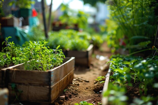 Les jeunes plantes poussent dans des boîtes de jardin surélevées en bois