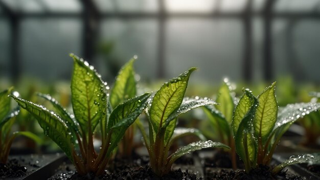 Les jeunes plantes poussent dans une serre Le fond de la nature est flou Le concept de culture des cultures