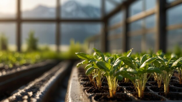 Photo des jeunes plantes poussent dans une serre nature floue et fond de montagne cultivation de cultures