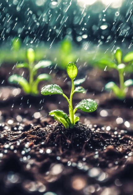 les jeunes plantes qui poussent sur le sol avec les gouttes de pluie sauvent la vie