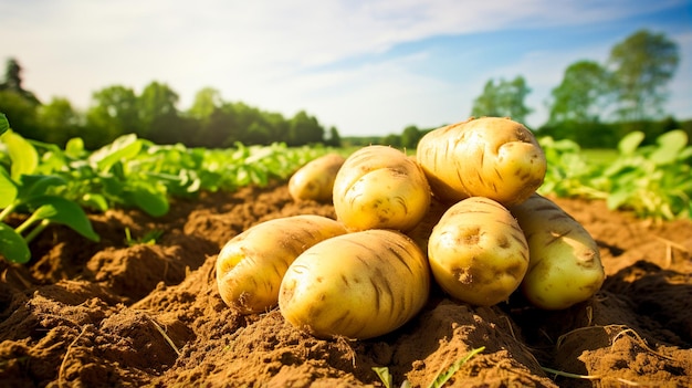 Photo de jeunes pommes de terre fraîches mûres sur un champ de coucher de soleil