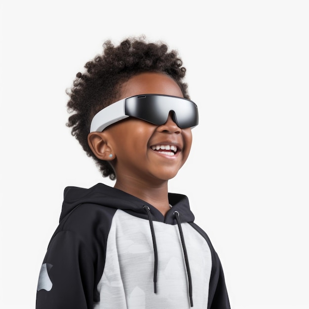 Les jeunes portent des lunettes visuelles pour regarder des multimédias sur fond blanc