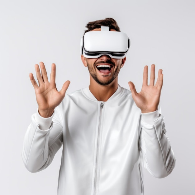 Les jeunes portent des lunettes visuelles pour regarder des multimédias sur fond blanc