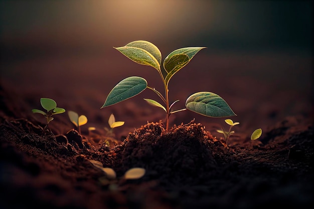 Jeunes pousses, semis en croissance. Nouveau concept de vie. Plante verte poussant dans un bon sol. Bannière avec co