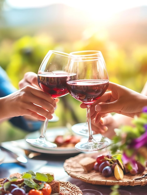 Des jeunes prélèvent des verres de vin rouge à la ferme dans la campagne de la vigne Happy fr Generative AI