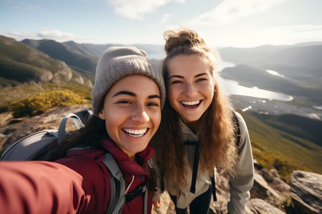 Jeunes randonneuses magnifiques femmes prenant un portrait selfie au sommet de la montagne