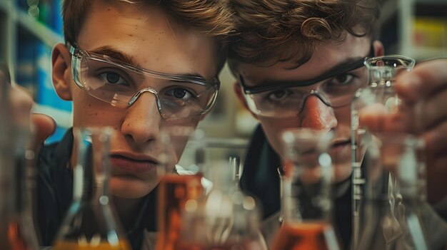 De jeunes scientifiques engagés dans une expérience dans un laboratoire de chimie se concentrent sur l'enquête et la découverte concept d'éducation scientifique académique sur l'environnement AI