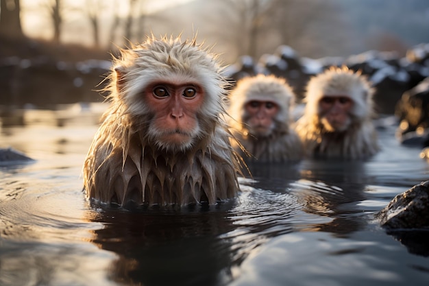 Photo de jeunes singes de neige sont assis dans une source chaude en hiver