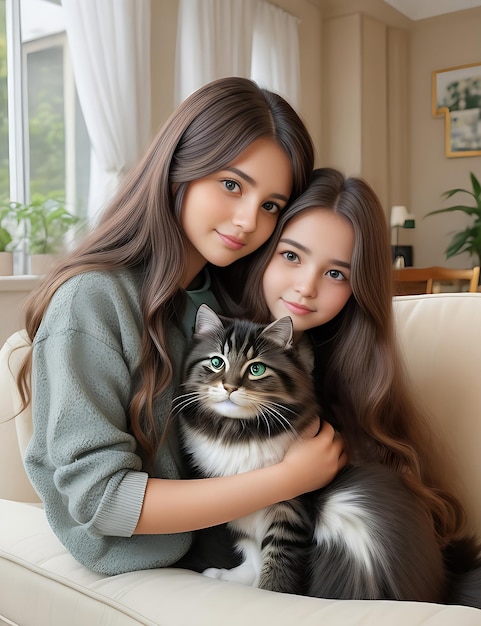 Jeunes sœurs embrassant leur chat sibérien enchanteur avec de beaux yeux verts sur leur canapé