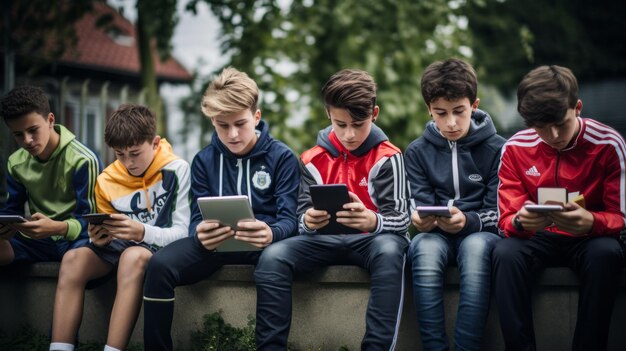 Les jeunes sont assis et utilisent des smartphones Belle image d'illustration IA générative