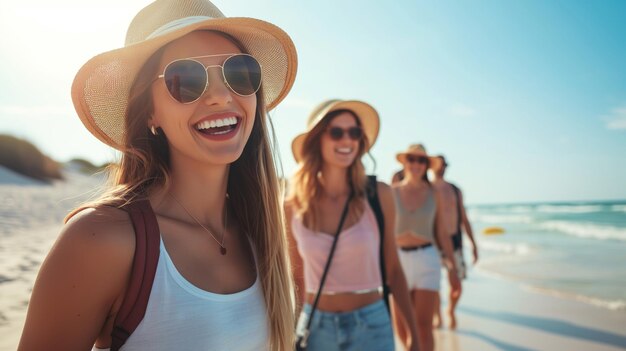 Des jeunes souriants sur la plage qui s'amusent.