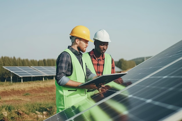 De jeunes techniciens masculins portant des gilets verts et un casque vérifient l'entretien des panneaux solaires