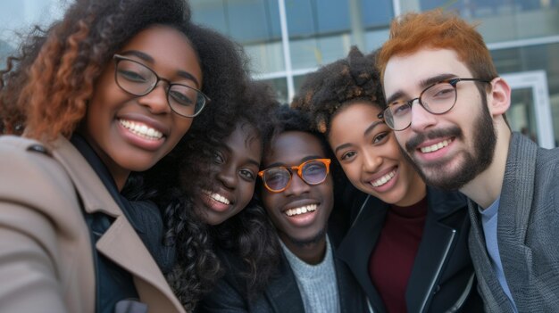 Jeunes travailleurs biraciaux collègues s'amusent sur le lieu de travail tirent de jolies auto-photographies stupides sur le téléphone