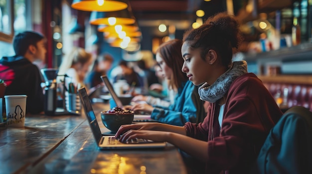 Des jeunes urbains dans un café à la mode, chacun avec son bol d'açai tout en travaillant sur son ordinateur portable.