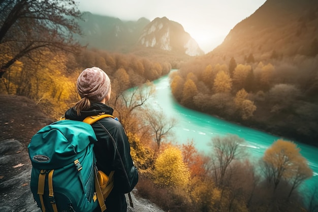 Les jeunes voyageurs se tiennent sur les rochers et profitent des paysages naturels des montagnes