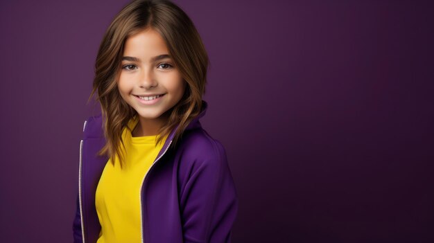 Jeunesse souriante tenue violette vivante cadre jaune photo détaillée