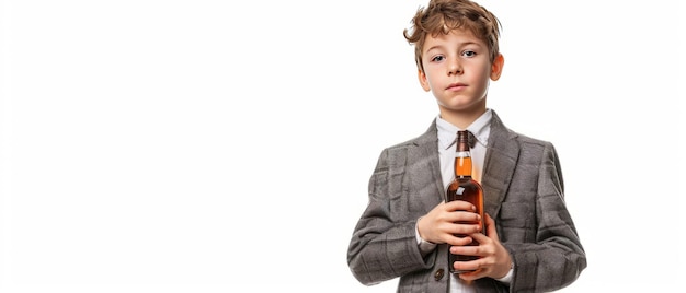 La jeunesse troublée Le garçon en costume d'école et une bouteille d'alcool