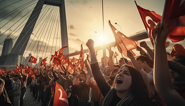 Photo la jeunesse turque célèbre le jour de l'indépendance avec des drapeaux turcs sur le pont du bosphore
