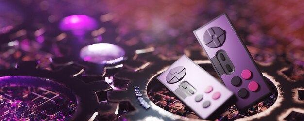 Photo les jeux vidéo en tant que divertissement le concept des jeux vidéo les joysticks de jeu sur un fond technologique les jeux 3d blockchain