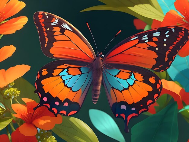 Jézabel Butterfly reposant sur la plante à fleurs Royal Poinciana dans un beau fond vert doux