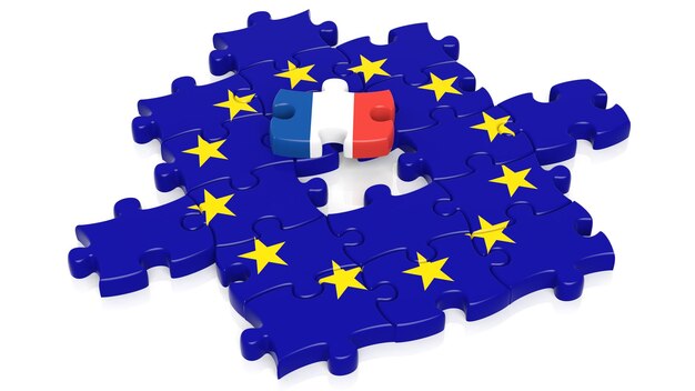 Photo jigsaw puzzle drapeau de l'union européenne avec morceau de drapeau france isolé sur blanc