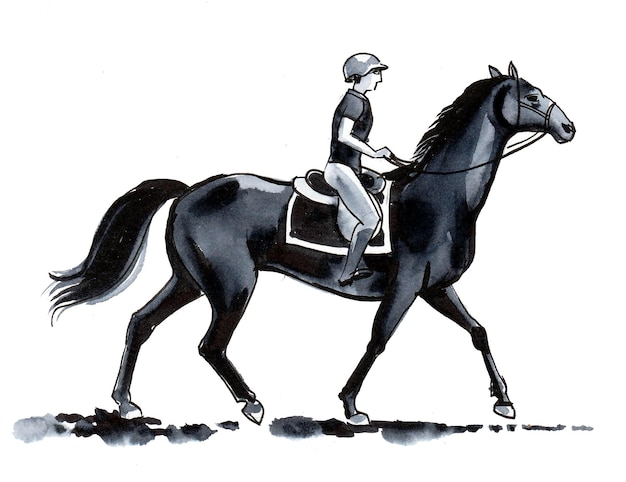 Jockey à cheval. Dessin à l'encre et à l'aquarelle