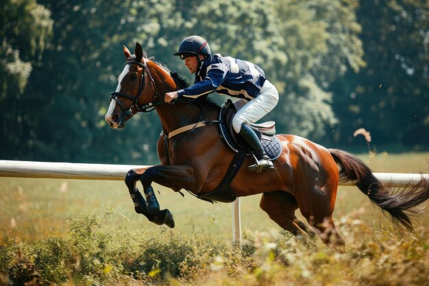 Photo un jockey montant un cheval en saut à mi-chemin lors d'une course d'obstacles générée par l'ia