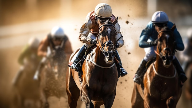 Jockeys et chevaux de course s'affrontent sur la piste Generative AI