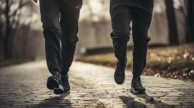 Photo joggeurs courant à l'extérieur gros plan de baskets dans la rue au coucher du soleil généré par l'ia