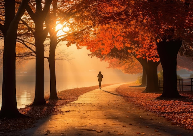 Un jogging matinal paisible dans un parc rempli de feuillage d'automne