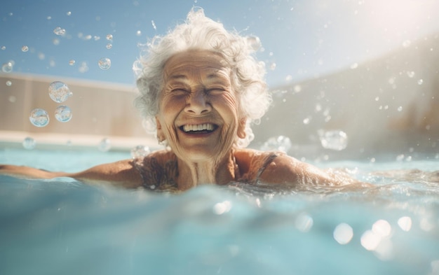 Joie au bord de la piscine pour une femme âgée