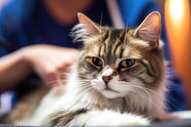 La joie et la détente d'un chat choyé alors qu'un toiletteur brosse doucement sa fourrure dans un salon de toilettage AI générative