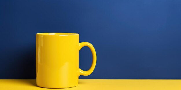 Photo joie du matin tasse jaune de café chaud sur table blanche rayonnant chaleur et confort dans un décor de cuisine minimaliste
