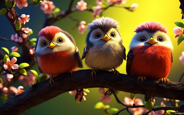 La joie du printemps Une famille d'oiseaux heureux sur un arbre