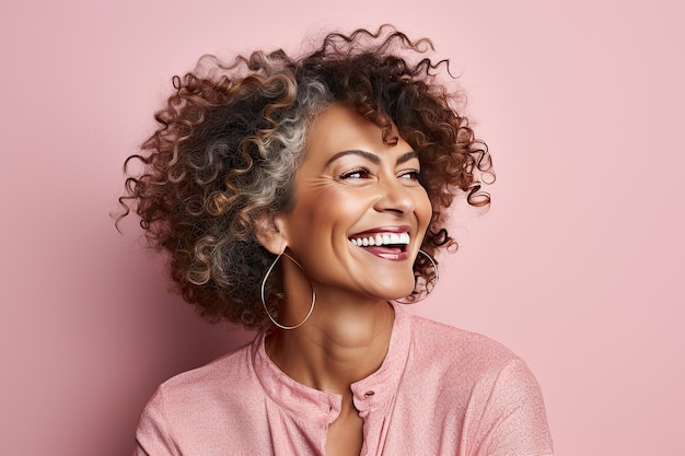 Joie éternelle capturant l'esprit radieux d'une femme d'âge moyen aux cheveux bouclés