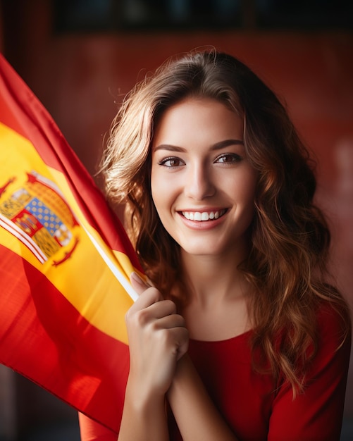 Photo joie européenne une jeune femme applaudit avec le drapeau espagnol