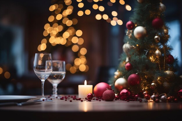 La joie des fêtes dans un restaurant, un bar ou une boîte de nuit avec un arbre de Noël en arrière-plan