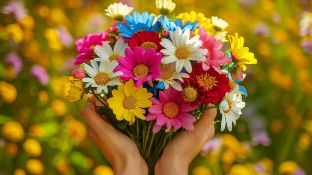 Photo la joie des fleurs, les mains, le berceau, les fleurs de printemps colorées, la beauté en plein air.