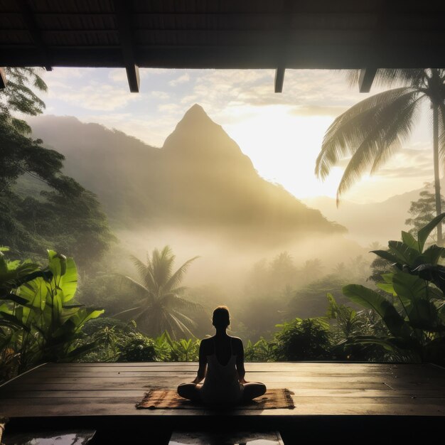 La joie magique du yoga en plein air dans les montagnes au lever du soleil tropical