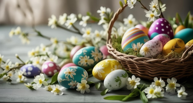 La joie de Pâques dans un panier d'œufs et de fleurs colorés