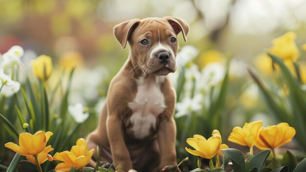 Photo la joie de pâques en fleurs un chouchou de staffordshire terrier américain au milieu de la beauté de la nature