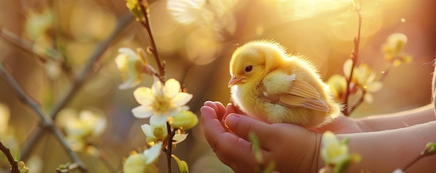 La joie de Pâques Le pur bonheur d'un enfant tenant un poussin nouveau-né avec soin et étonnement